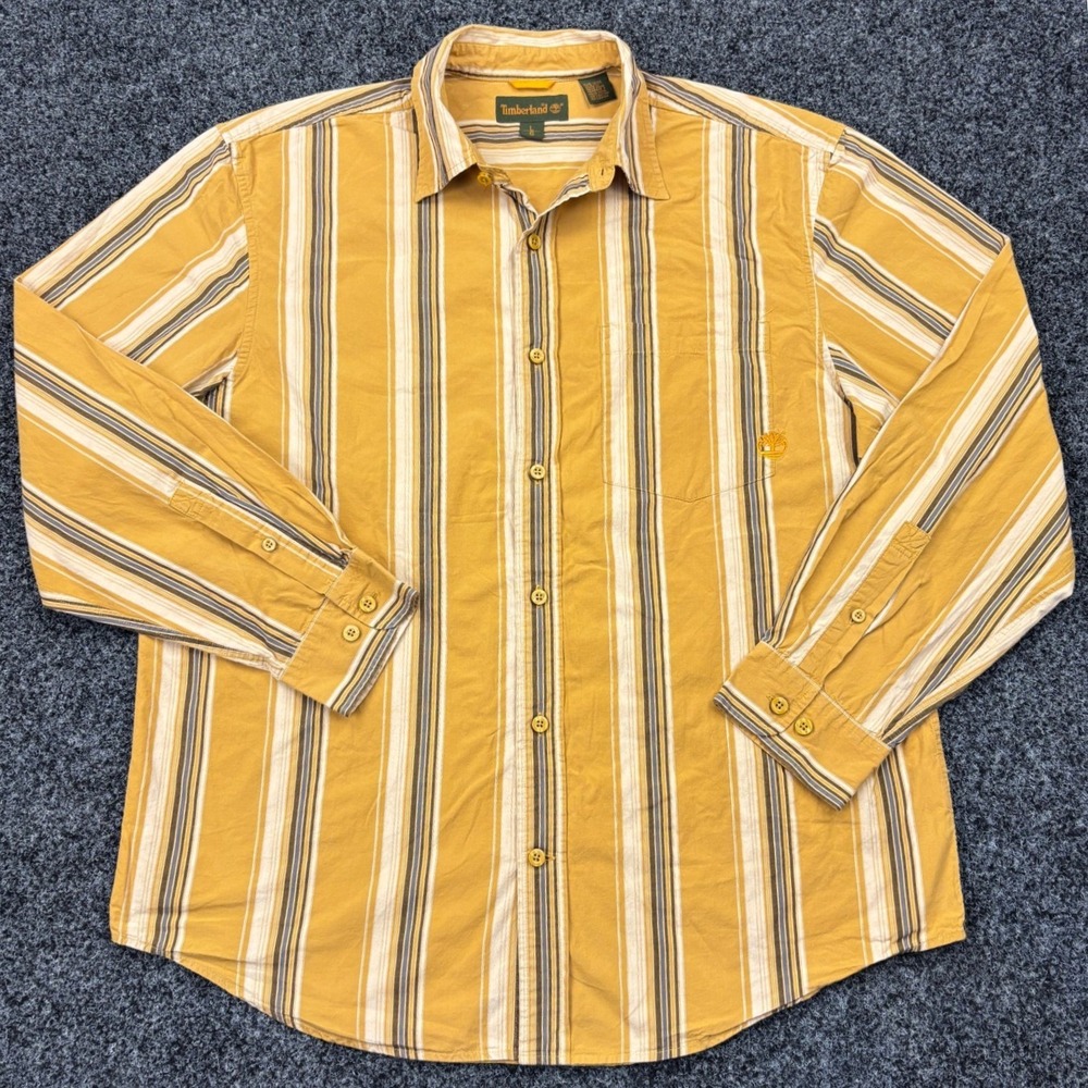 Vintage 2005 Timberland Mens Large Striped Button Down Shirt Mustard Yellow L